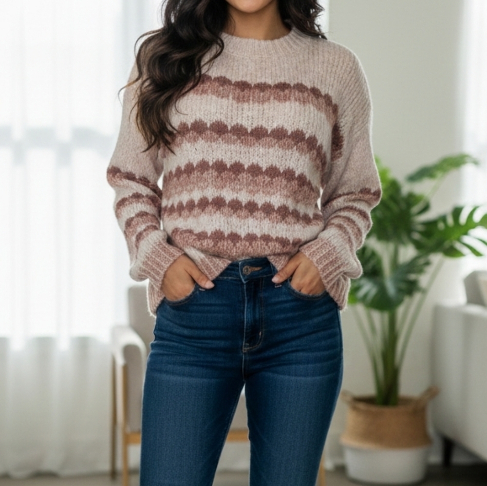 Elsamanda Chic Striped Women's Sweater in Pink and Cream Size M Made In Italy